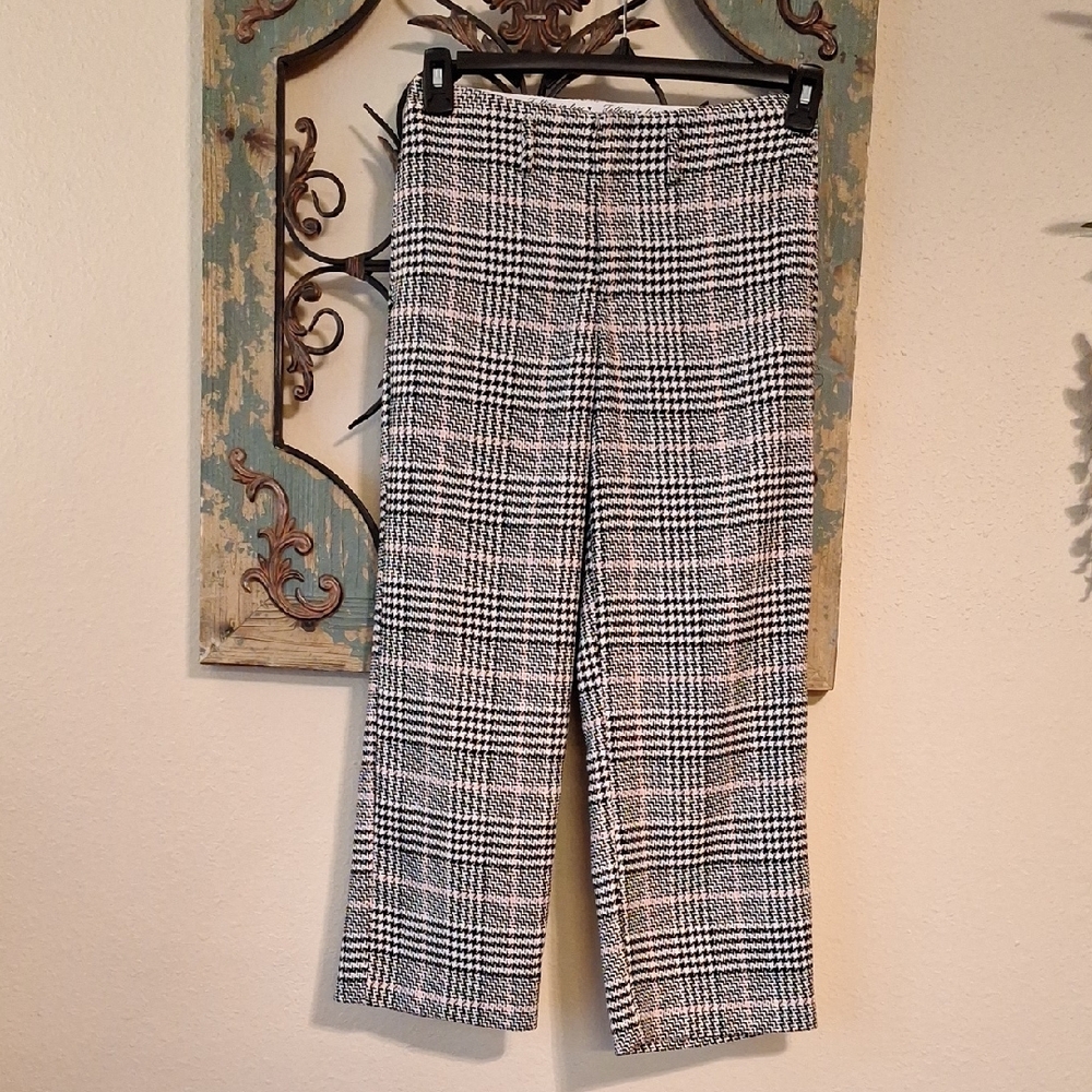 Cropped Wide Leg Plaid Pants Blk/Wht/Pink. NWOT Size XS